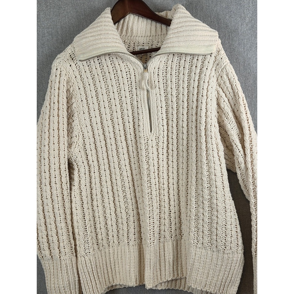 Aerie Womens M Cable Car 1/4 Zip Sweater Cropped Crochet Knit Beige Y2K Preppy